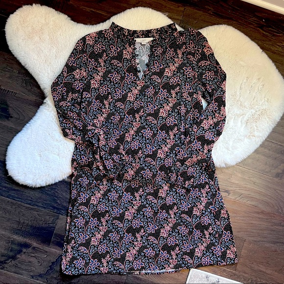 Loft Ruffle Black and Brown Floral Print Mini Dress Perfect for Fall Size Med - Picture 3 of 9